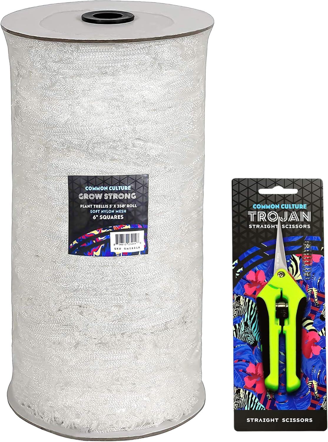 COMMON CULTURE Grow Strong Plant Trellis + Trojan Scissors - 6" Square Soft Mesh Nylon Trellis Netting Bulk Roll - Heavy-Duty Garden Netting for Plants - 5' x 350' - 1 Roll