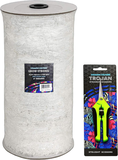 COMMON CULTURE Grow Strong Plant Trellis + Trojan Scissors - 6" Square Soft Mesh Nylon Trellis Netting Bulk Roll - Heavy-Duty Garden Netting for Plants - 5' x 350' - 1 Roll