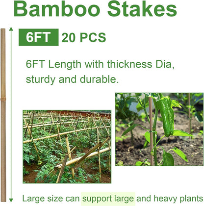 Bamboo Garden Stakes 2FT/3FT/4FT/4.8FT/6FT/7FT/8FT, Plant Stakes for Outdoor Plants, Plant Support Stakes Tomato, Vegetables Beans Trees Climbing Plants (6FT, Pack of 20)