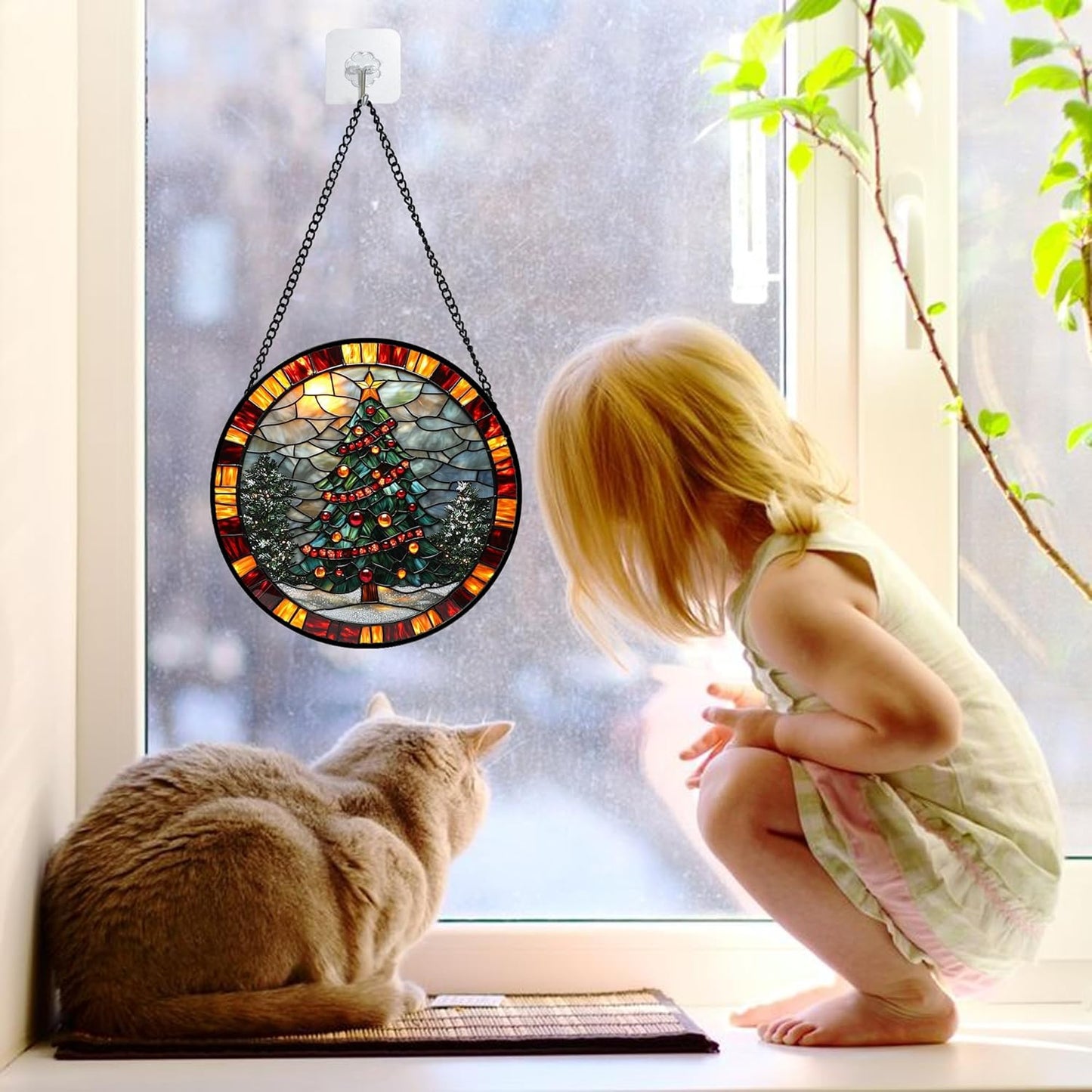 Stained Glass Window Hanging - Winter Christmas Tree Suncatcher Ready to Hang Window Doors Home Decoration, Christmas, Mother's Day Birthday Gifts for Women, Men, and Mom 9.8x9.8 in