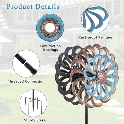 Metal Wind Spinners Outdoor, 14 Inch Dia Kinetic Wind Sculptures & Spinners with Stake, 61" H Windmill Yard Art Decor for Patio Lawn Garden, Copper Blue