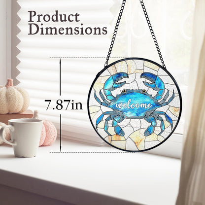 kdqua Coastal Beach Crab Welcome Suncatcher Stained Glass Window Hanging, Ocean Marine Crab Sun Catchers Indoor Window Glass Round Wall Decor, Beachy Wall Art Hanging Decorations Statues, 7.9x7.9in
