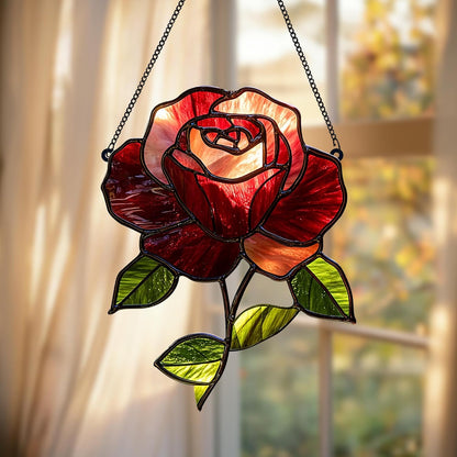 Crimson Rose Flower Acrylic Suncatcher Stained Glass Effect Window Car Hanging Christmas Ornament Indoor Outdoor Decor Garden Sun Catcher Panel for Flowers Lover for Women Mom Grandma