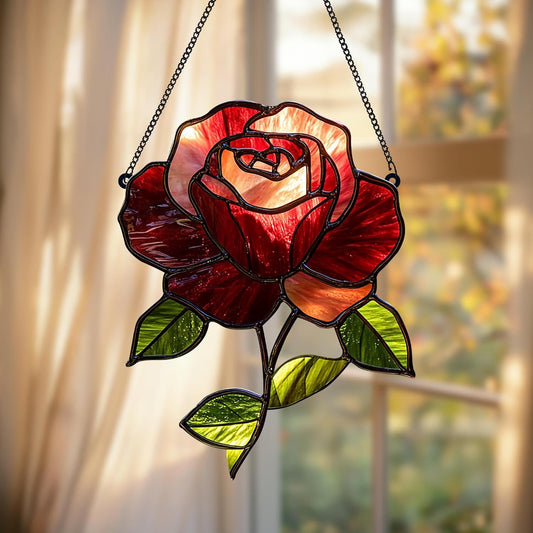 Crimson Rose Flower Acrylic Suncatcher Stained Glass Effect Window Car Hanging Christmas Ornament