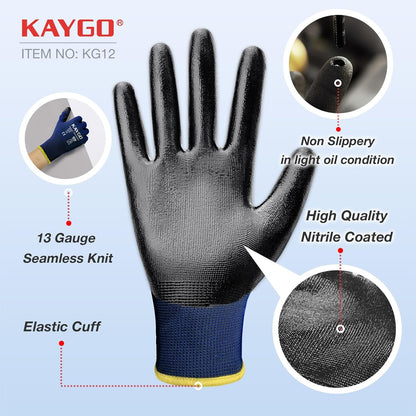 KAYGO Work Gloves Nitrile Coated, 12 Pairs KG12N，Seamless Knit, Protective Safety Work Gloves with Good Grip for General Work,Blue, L