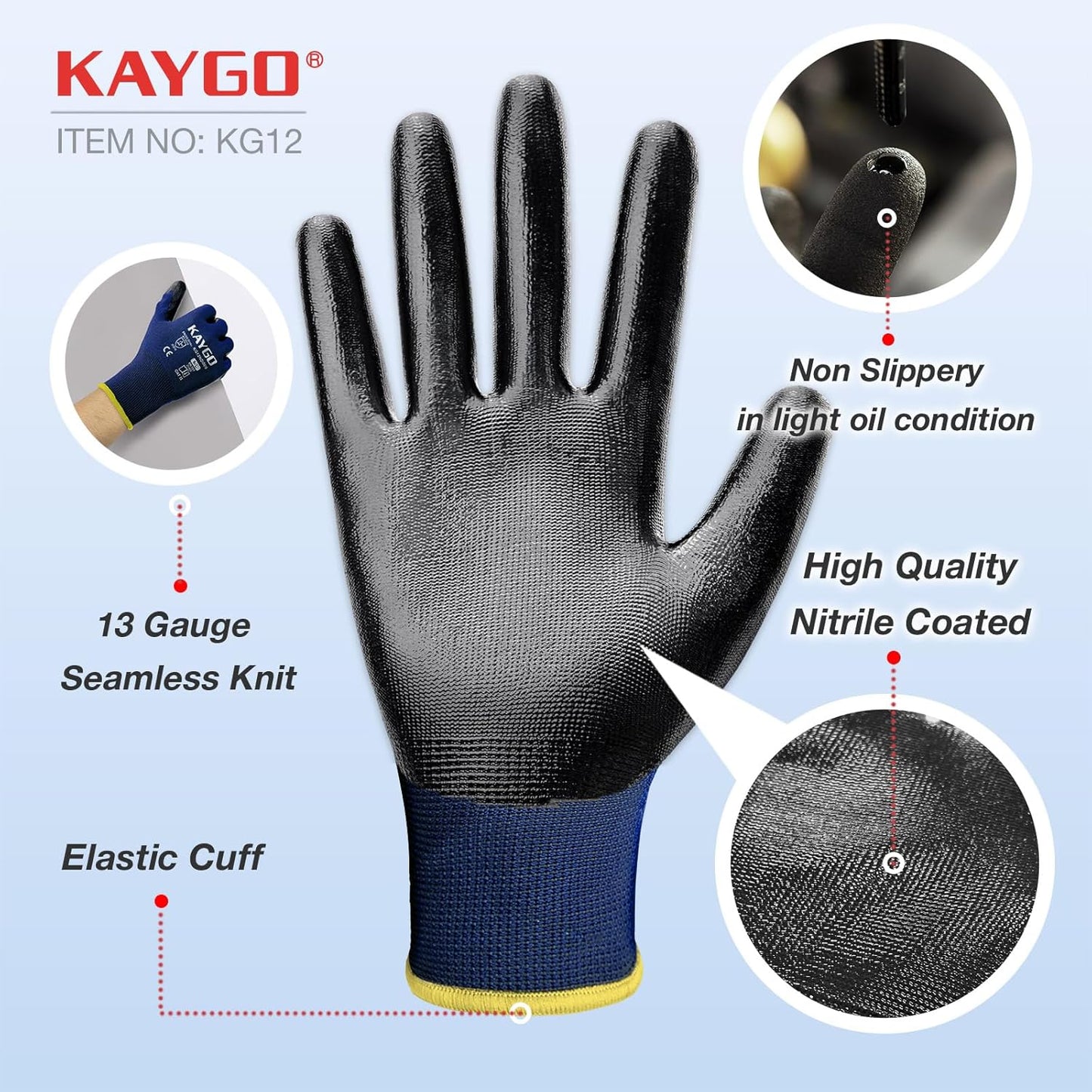 KAYGO Work Gloves Nitrile Coated, 12 Pairs KG12N，Seamless Knit, Protective Safety Work Gloves with Good Grip for General Work,Blue, S