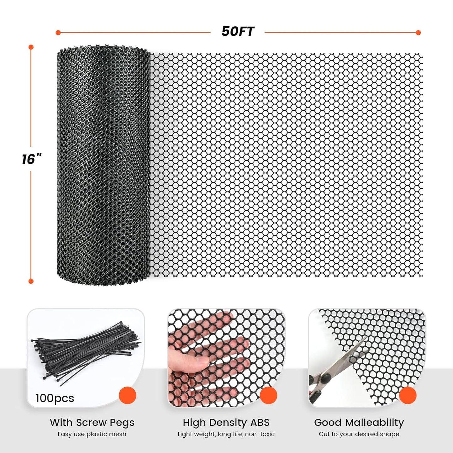 16IN x 50FT Plastic Chicken Wire Mesh, Chicken Wire for Floral Arrangements, Chicken Wire Mesh for Crafts with 100 Pcs Zip Ties, Mesh Fence for Dogs, Deers, Poultry