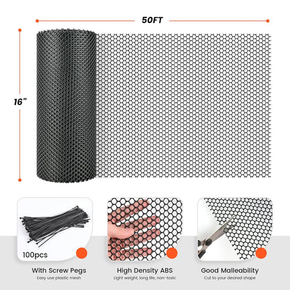 16IN x 50FT Plastic Chicken Wire Mesh, Chicken Wire for Floral Arrangements, Chicken Wire Mesh for Crafts with 100 Pcs Zip Ties, Mesh Fence for Dogs, Deers, Poultry