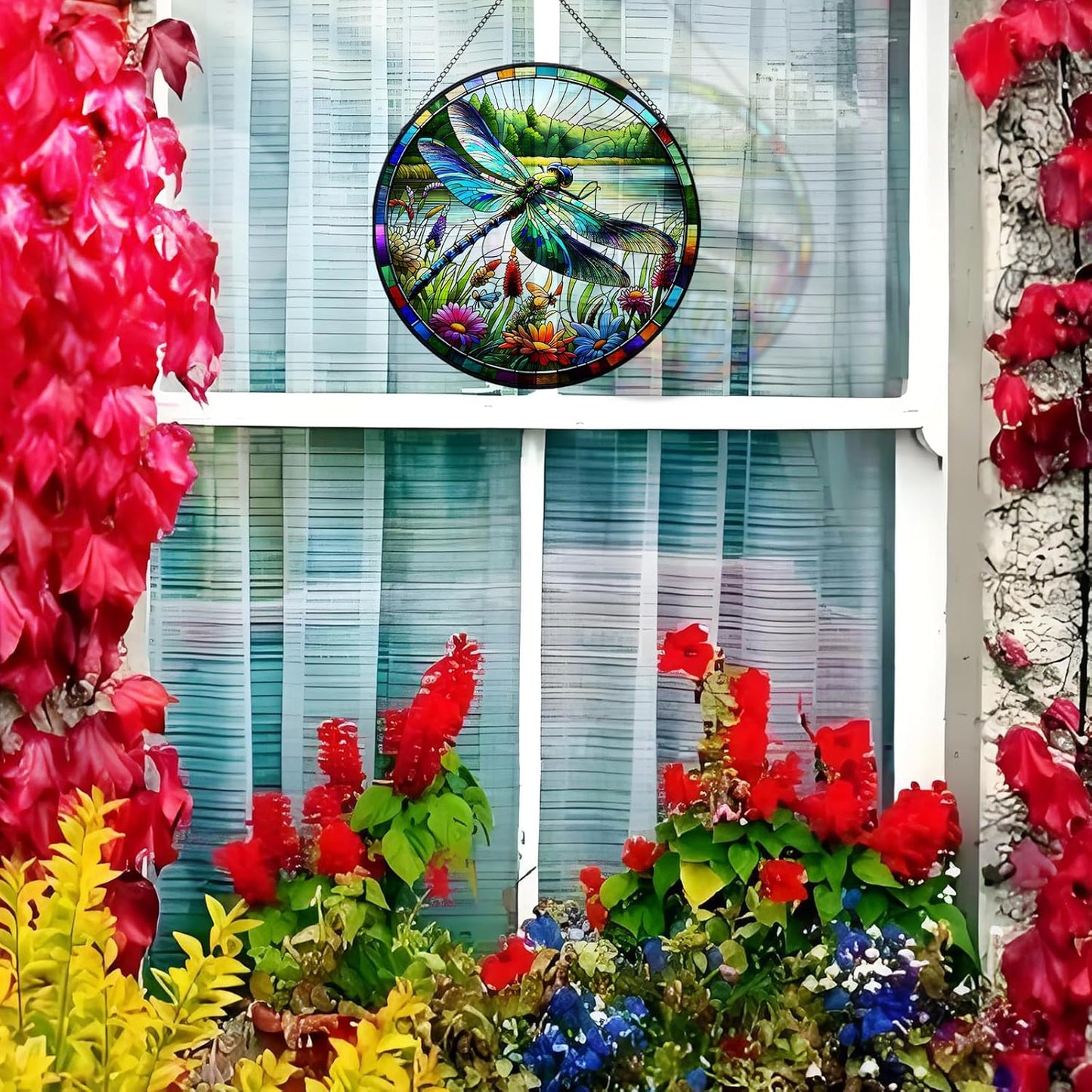 RIVEENY Stained Glass Window Hanging, Stain Glass Dragonfly Gifts Sun Catcher for Windows, 7.8 inch Suncatchers Birds Window Hangings Gifts for Home Garden Christmas Party Wedding (River)