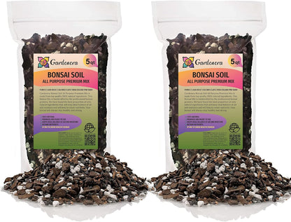 Premium Bonsai Soil All Purpose Fast Draining Mix - 10 Quart - Pumice, Lava, Calcined Clay and Pine Bark Potting Pre Mixed Bonsai Plant Soil Mixture by GARDENERA - Made in USA - (2 Bags of 5QT)