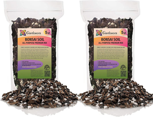 Premium Bonsai Soil All Purpose Fast Draining Mix - 10 Quart - Pumice, Lava, Calcined Clay and Pine Bark Potting Pre Mixed Bonsai Plant Soil Mixture by GARDENERA - Made in USA - (2 Bags of 5QT)