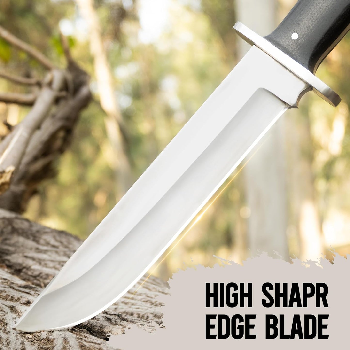 D2 13 Inch Full Tang Fixed Blade Bowie Knife with Leather Sheath - Suitable for Outdoor, Bushcraft, Survival, and Camping Knife with Black Micarta Handle