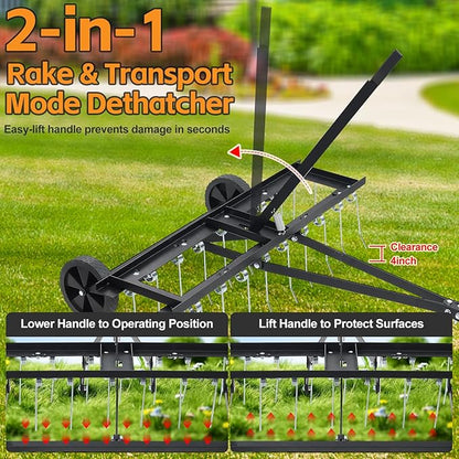 Tow Behind Dethatcher: 40inch Pull Behind Lawn Rake with 20 Spring Steel Tines Heavy Duty Lawn Tractor Attachments for Large Yard Garden Care