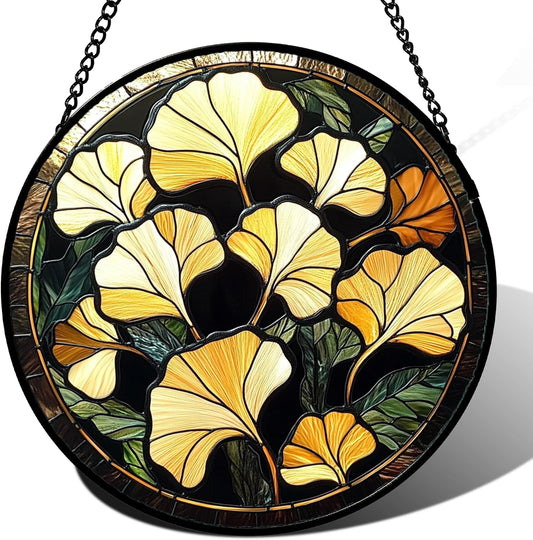 Stained Glass Window Hanging - Ginkgo Leaf Suncatcher for Doors Garden Patio Retro Fall Decor Sun