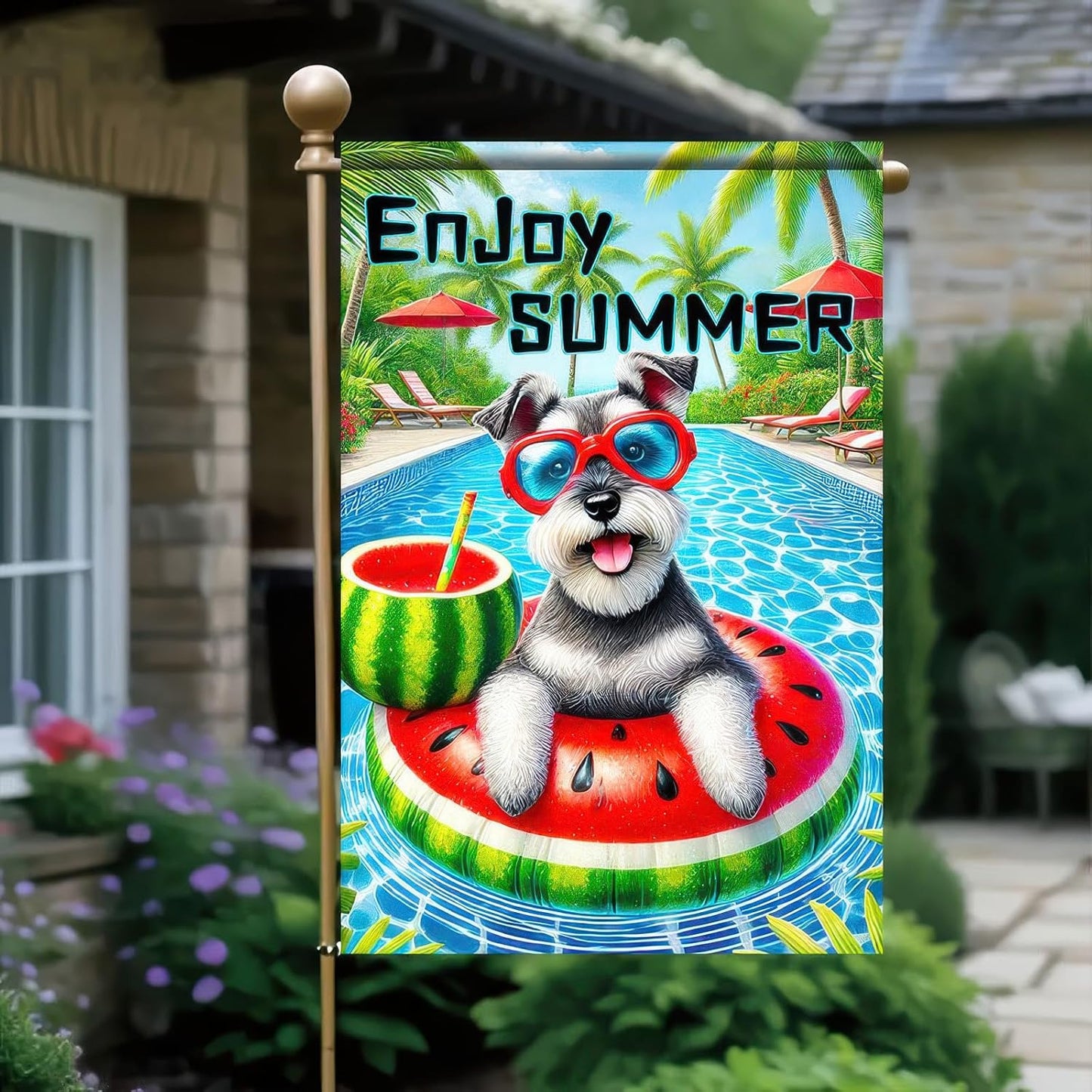 Enjoy Summer Garden Flag Schnauzer Dog 12X18 Inch Print Double Sided Cute Puppy Decorative Yard Flag Banner Poolside Patio Decor Banner Outside Seasonal Holiday Outdoor Decoration