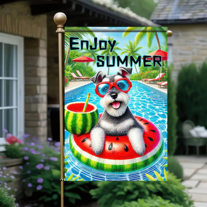 Enjoy Summer Garden Flag Schnauzer Dog 12X18 Inch Print Double Sided Cute Puppy Decorative Yard Flag Banner Poolside Patio Decor Banner Outside Seasonal Holiday Outdoor Decoration