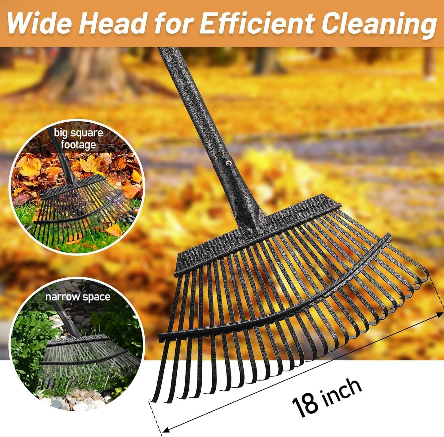 Garden Rake for Leaves, Leaf Rakes Heavy Duty for Yard,Lawn,Shrub,Grass,Mulch, 18" Metal Head,6ft Adjustable Long Handle,Adults Kids Rake for Gardening