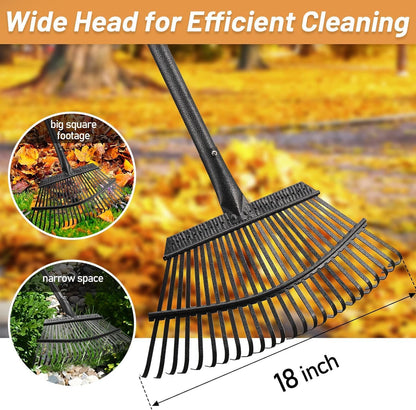 Garden Rake for Leaves, Leaf Rakes Heavy Duty for Yard,Lawn,Shrub,Grass,Mulch, 18" Metal Head,6ft Adjustable Long Handle,Adults Kids Rake for Gardening