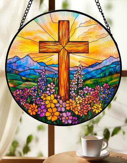 Cross and Wildflowers Stained Glass Sun Catcher - Handmade 7.87 Inch Christian Decor, Stained Glass Window Hanging, Christian Gift, Religious Decor Gift for Friends, Family, Classmates