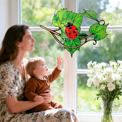 Stained Glass Suncatcher Window Hanging, Ladybug Sun Catchers Indoor Window, Green Leaves and Ladybug Suncatchers for Garden/Porch/Patio Decor, Bug Lovers Gifts Unique
