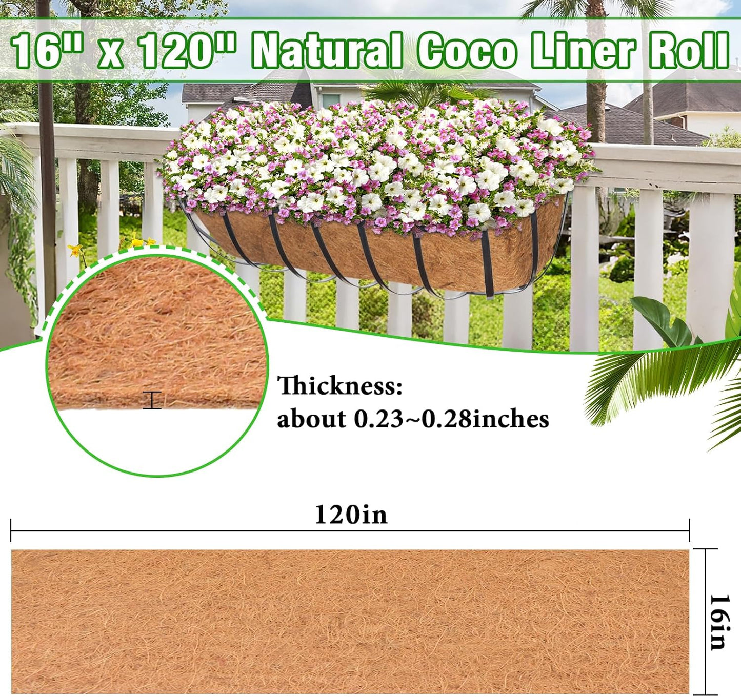 ZeeDix 16 x 120 inches Thickened Coco Liner Roll for Planters- Natural Coconut Flower Basket Liners Coco Coir Mat for Plants Flowers Vegetables Reptiles Carpet