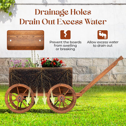 Wood Wagon Planter for Outdoor Balcony Decor - Garden Rustic Wooden Flower Cart with Wheels for Outside - Garden Decor - Amish Decorative Indoor - Wheelbarrow Planter for Patio