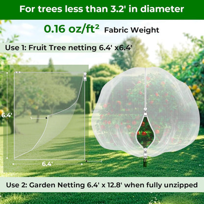 Fruit Tree Netting with 2-Way Zipper & Drawstring - 6.4'x6.4' Garden Plant Net Pest Barrier to Prevent Cicadas Bird Squirrel Deer - Protection for Blueberry Tomato with Fine Mesh Insect Cover (2 Pack)