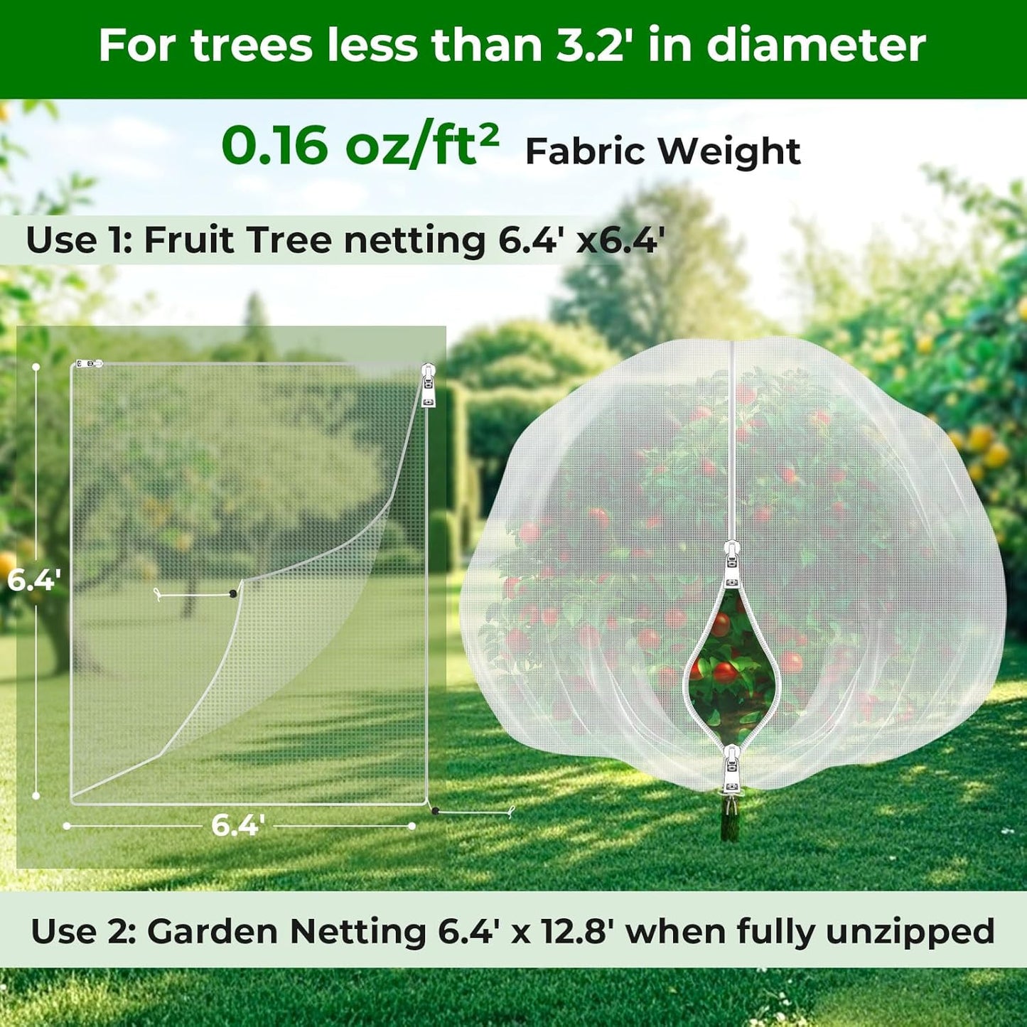 Fruit Tree Netting with 2-Way Zipper & Drawstring - 6.4Ft x 6.4Ft Garden Plant Net Pest Barrier to Prevent Cicadas Bird Squirrel Deer - Bug Protection for Blueberry Tomato with Fine Mesh Insect Cover