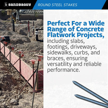 Sandbaggy Round Steel Concrete Form Stakes with Nail Holes - Rust Resistant Coating - Removable, Reusable (50, 3/4 in X 24 in)