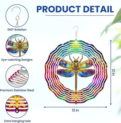 FLAGWIX Christmas Dragonfly Gifts for Women - 3D Stainless Steel Metal Wind Spinners 12 in - Dragonfly Wind Spinners Outdoor, Yard Garden Decor for Outside, Christmas Garden Gifts for Mom Grandma