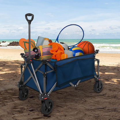 EAGLE PEAK Heavy-Duty Collapsible Folding Utility Wagon, All Terrain Garden Hand Cart with Large Size Pocket and Cup Holders for Sports, Beach, Camping, Garden, and Grocery, Dark Blue