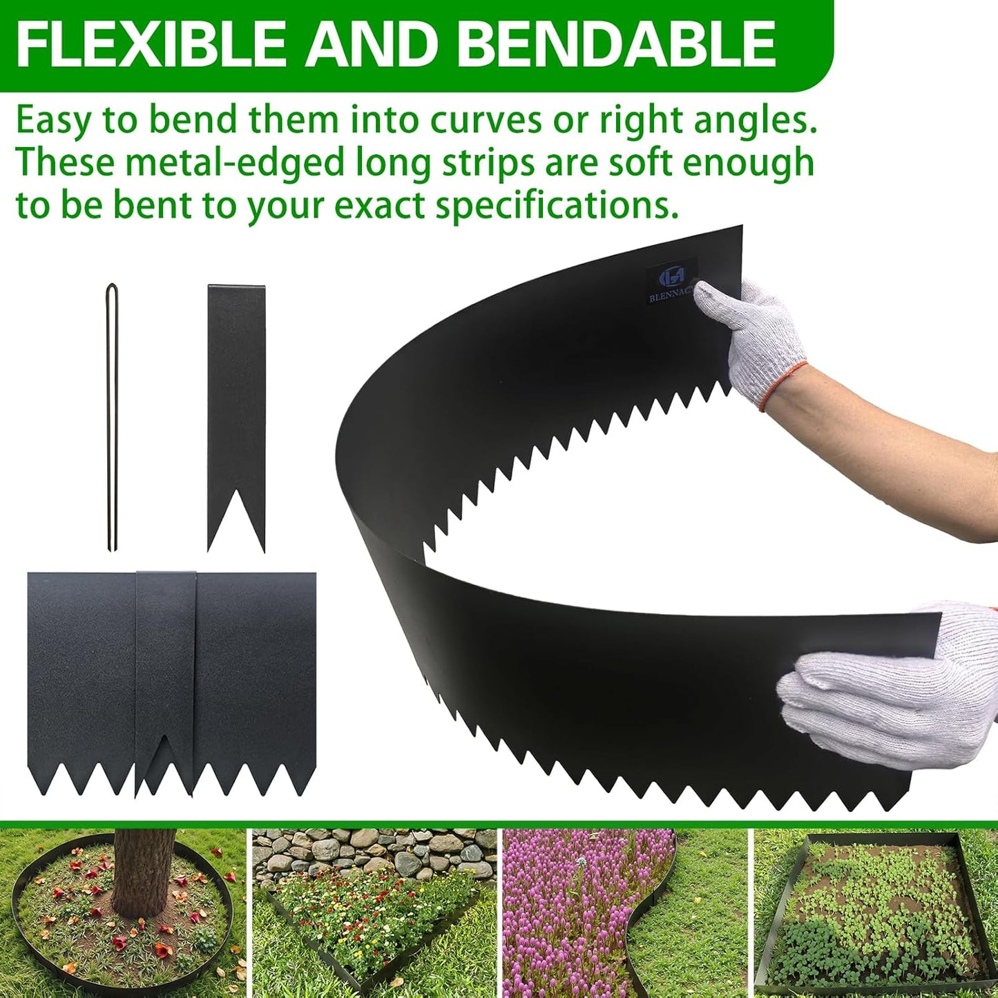 Metal Landscape Edging 6 Pack 40" L x 6" H,Galvanized Bendable Metal Garden Edging,Hammer- in Steel Landscape Edging with a Pair of Gloves and 7 Clips,Black (20 FT Total)