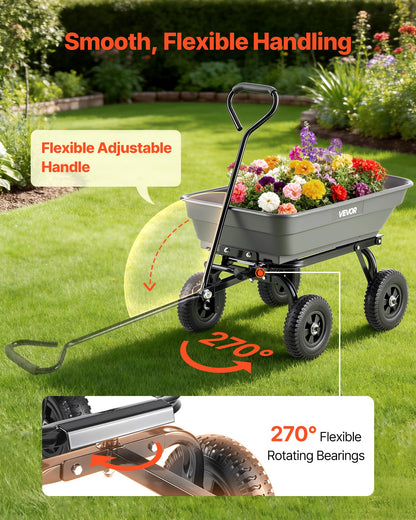 VEVOR 400LBS Wheelbarrow, Poly Garden Dump Cart Wagon with 8" Flat Free Tires, Heavy Duty Wheel