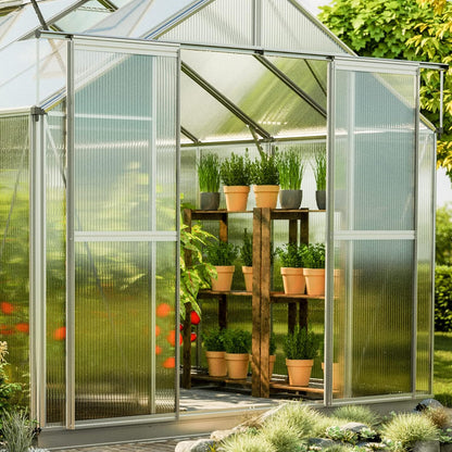 Greenhouse Topas 3 Aluminum Frame 7.4 x 6.4 ft Approx. 8 mm Polycarbonate Panels - with Bonus Base Frame and Automatic Vent Opener
