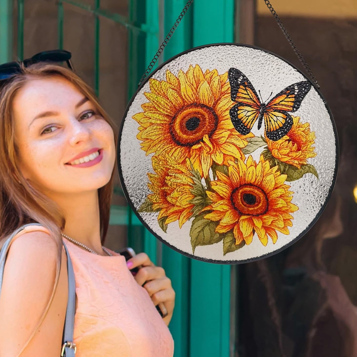 9.8'' Sunflower Butterfly Suncatcher Hanging Stained Glass Window Decor, Flowers Bush Butterfly Sun Catchers Wall Art Home Decor, Sunflower Gift for Mom Grandma Teacher