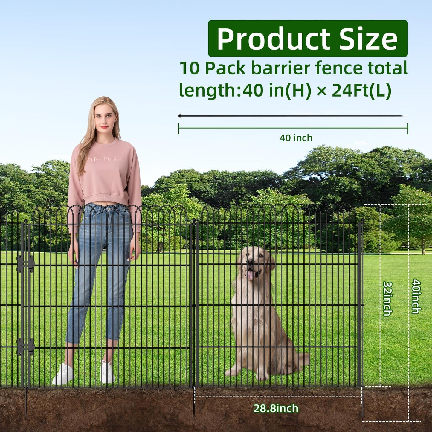 10 Panels No Dig Tall Decorative Garden Fence with Double Lock, 32 in(H) X 24 ft(L) Animal Barrier Fencing Outdoor for Yard,Rustproof Metal Garden Edging and Borders, Temporary Ground Stakes