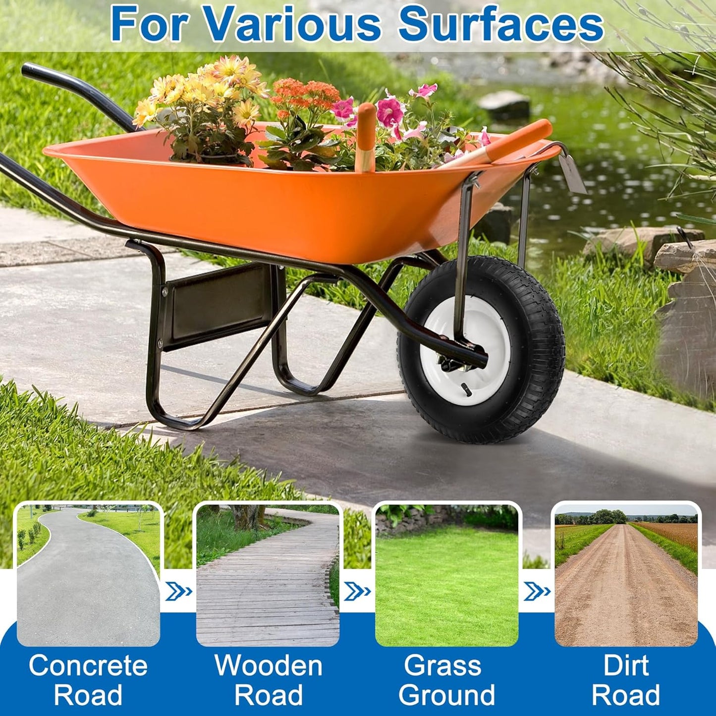 4.80/4.00-8" Wheelbarrow Tubed Tire and Wheel, 16" Universal Fit Pneumatic Tire with 3/4" or 5/8" Bearing, 3"-7" Hub, Adapter Kit Hand Truck Wheel Replacement for Garden Trailer, Wagons, 1 PCS