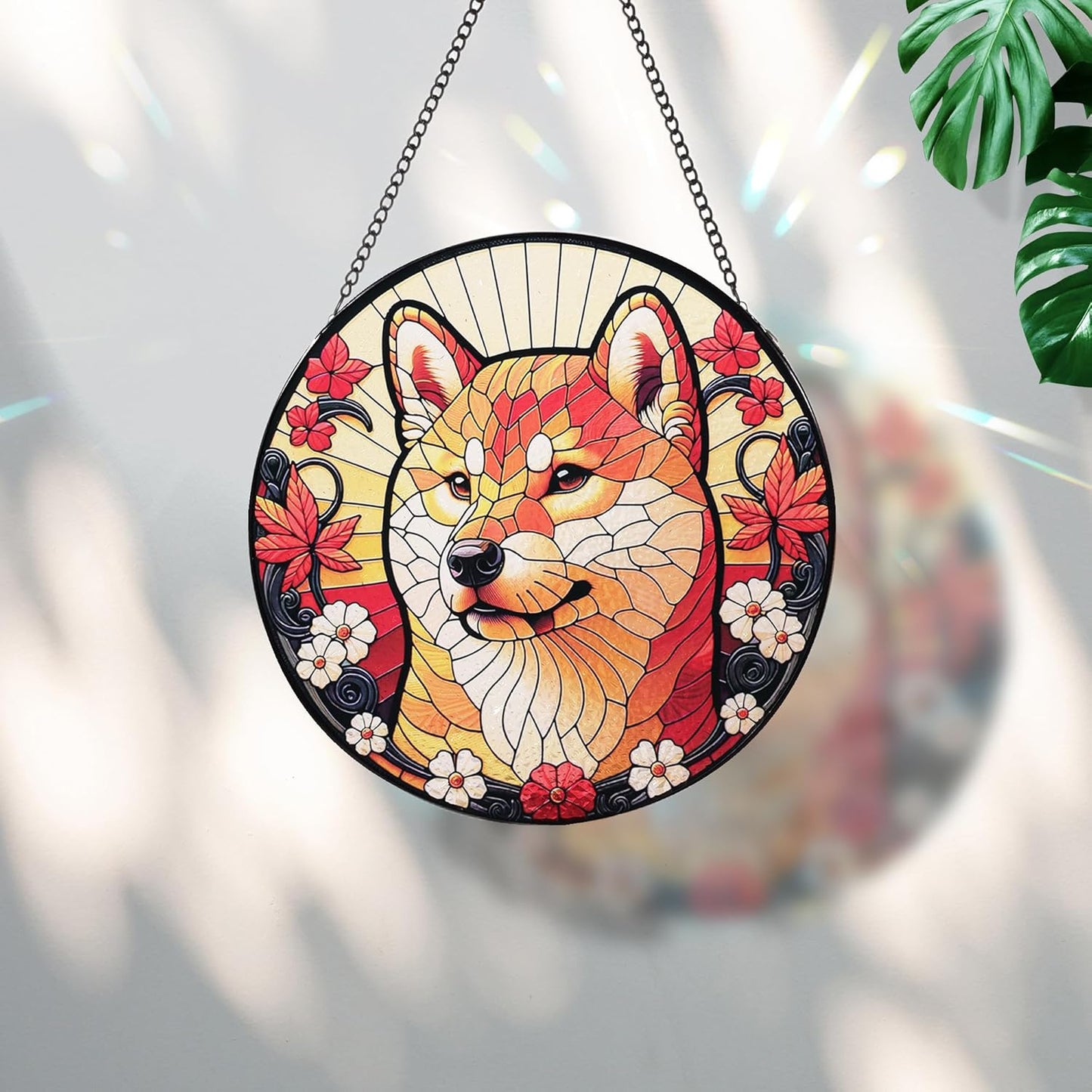 Stained Glass Dog Memorial Suncatcher,Shiba Inu Window Hanging,Sympathy Gifts for Pet Loss,7.9 inch/20 cm Home and Garden Decor for Dog Lovers (Shiba Inu)