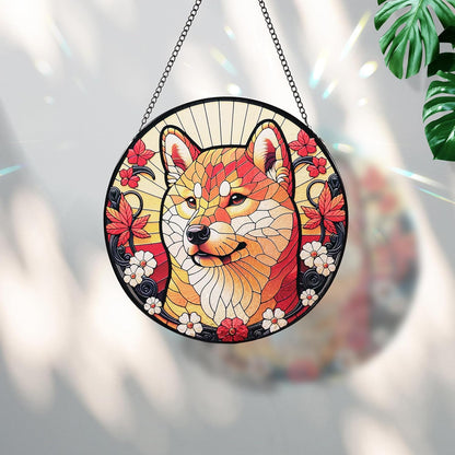 Stained Glass Dog Memorial Suncatcher,Shiba Inu Window Hanging,Sympathy Gifts for Pet Loss,7.9 inch/20 cm Home and Garden Decor for Dog Lovers (Shiba Inu)