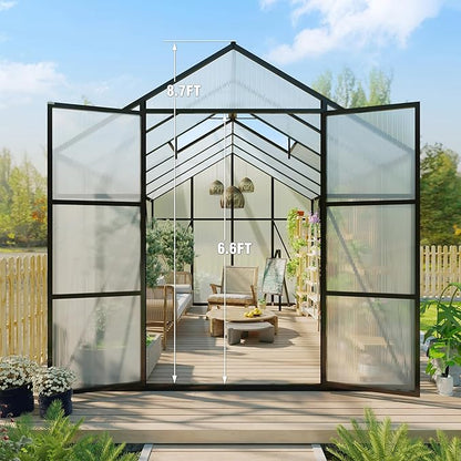 92in High 10*12FT Greenhouse for Outdoors,Polycarbonate Greenhouse with Stronger Wind Protection and Roof Vent,Walk-in Large Aluminum Sunroom Winter Proof,Black