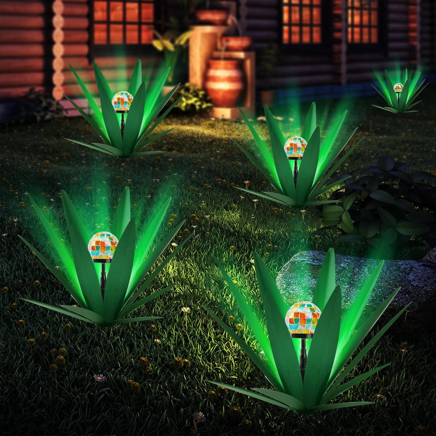 TOMBABY Solar Rustic Garden Style Metal Agave Plants Outdoor Patio, Home Decor Hand-Painted Metal Agave Garden Patio Statues, Suitable for Desert Areas Outdoor Lawn Decorations (2 Solar Green)