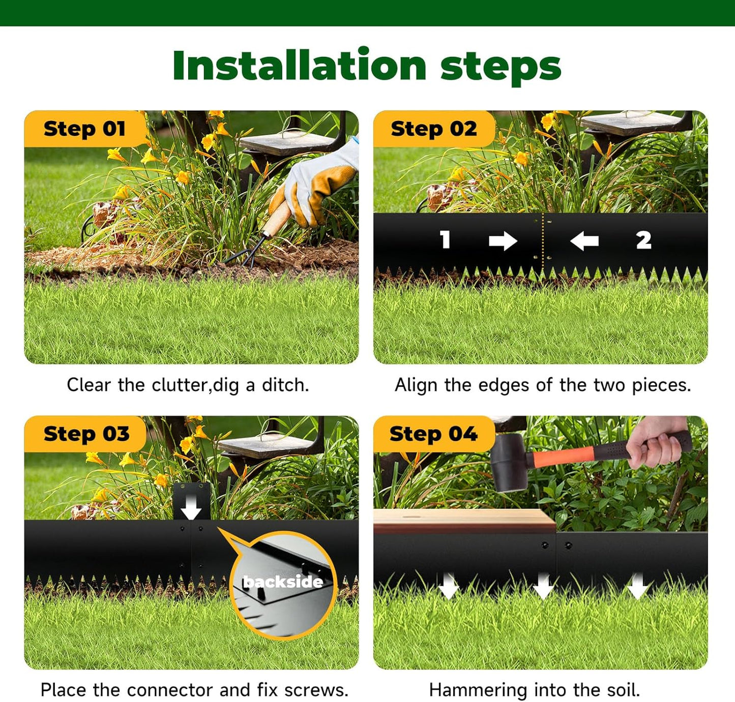Steel Garden Edging with Top Bending Protection Metal Lanscape Edging Steel Lawn Edging 40 inch Strips, 6 inch Depth 90 Degree Bend for Garden,Lawn,Backyard, 6 Pack (6 inch-90 Degree Bend, Black)