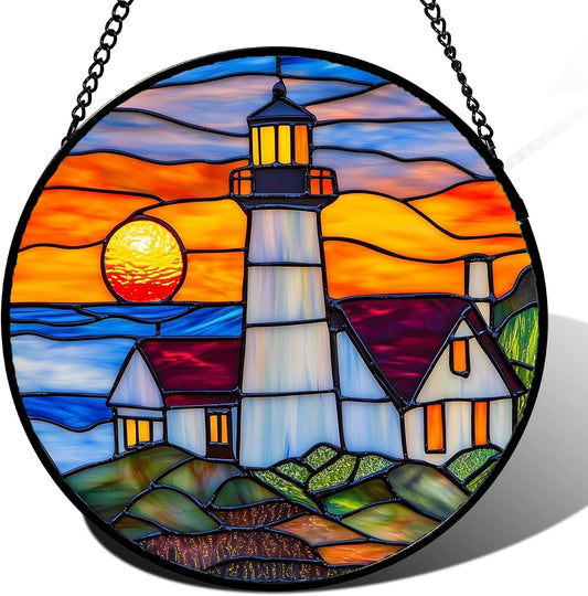 Stained Glass Window Hanging - Sea Lighthouse Suncatcher for Door Terrace Garden Home Decor Sunset