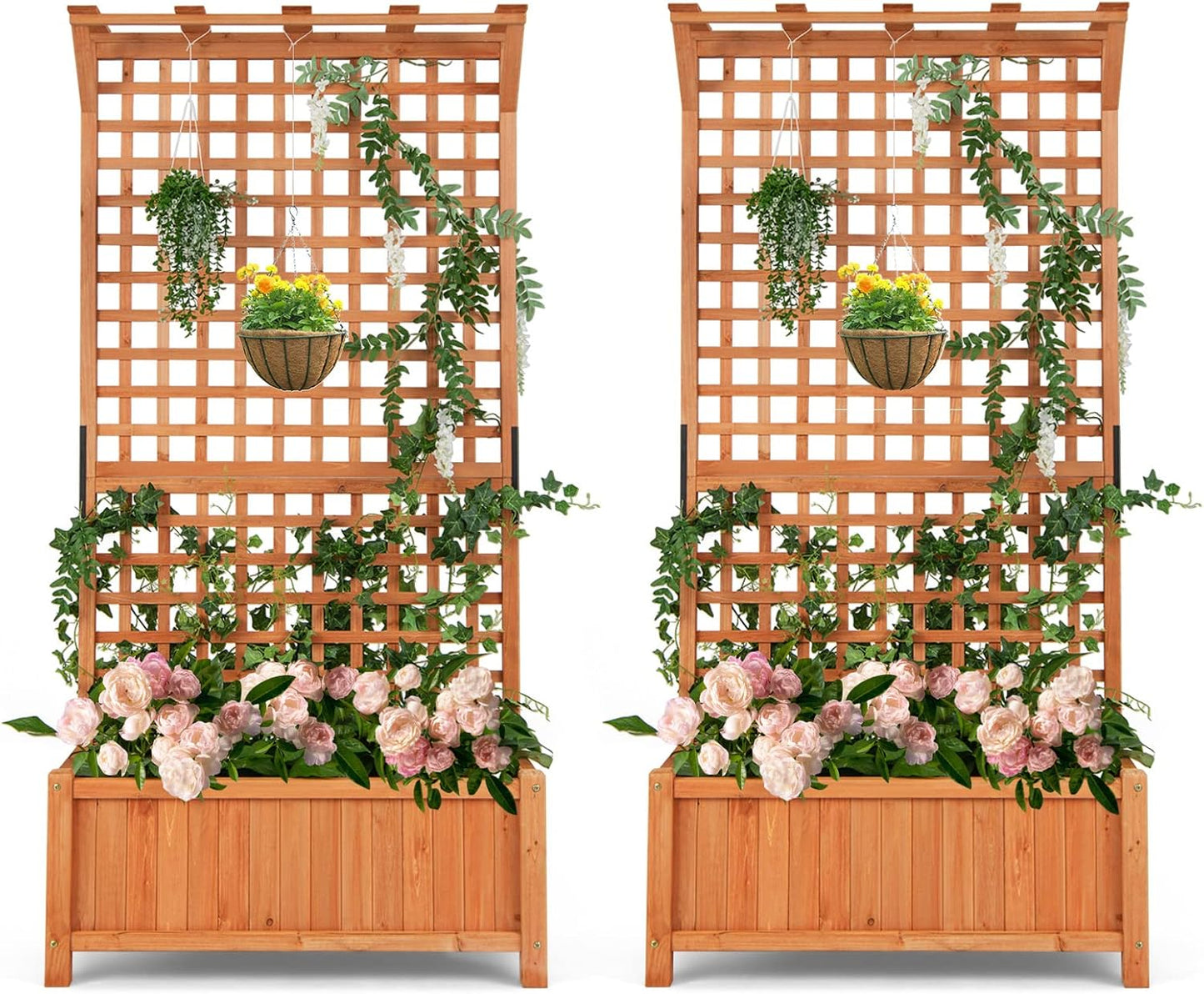 S AFSTAR Planter with Trellis Set of 2, 35.5x17.5x72.5 inch Wood Planter Box with Lattice Trellis & Hanging Roof, Removable Base, Plant Box for Climbing Plant Flower Rose Grape Cucumber