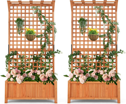 S AFSTAR Planter with Trellis Set of 2, 35.5x17.5x72.5 inch Wood Planter Box with Lattice Trellis & Hanging Roof, Removable Base, Plant Box for Climbing Plant Flower Rose Grape Cucumber