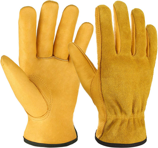 OZERO Leather Work Gloves Flex Grip Tough Cowhide Gardening Glove for Wood Cutting/Construction/Truck Driving/Garden/Yard Working for Men and Women 1 Pair (Gold,X-Large)
