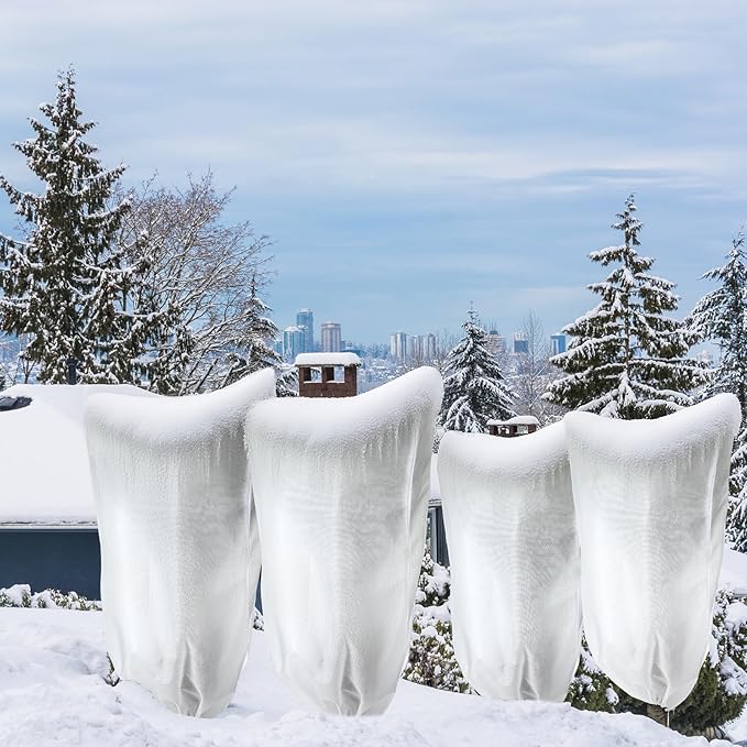 4 Pcs Plant Covers Freeze Protection Reusable Plant Protector with Zipper and Drawstring, Winter Bush Covers Freeze Protection from Cold Sun Frost Wind(White)