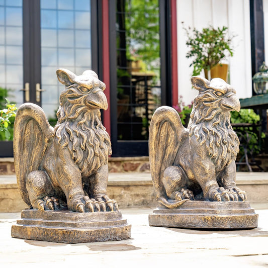 Zaer Ltd. Set of 2 Garden Griffin Statues, Magnesium-Cement Sculptures, 28.3" H Outdoor Entrance