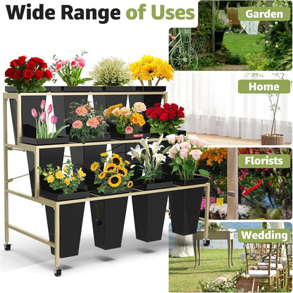 Flower Display Stand 3 Layers with 12 PCS Round Buckets, Plant Stand with Wheels, Movable Metal Plant Stand for Terrace Garden, Living Room, Florist Shop