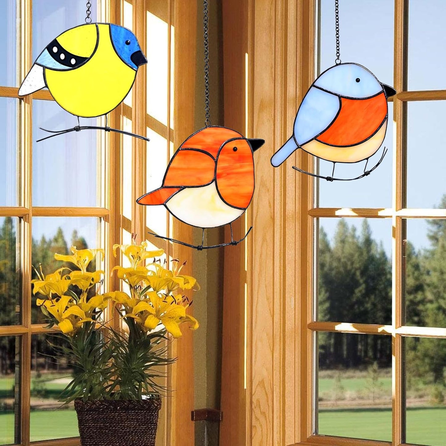 3 Pack Birds Stained Glass Suncatchers, Handmade Window Hanging, Cute Sun Catchers, Indoor Outdoor Decoration, Gifts for Women Men Bird Lover Gardener, 3 Removable Hangers Given